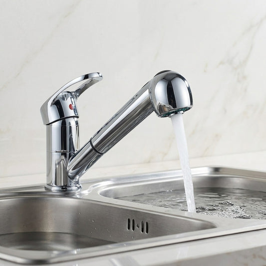 Lagomel single-hole single-handle pull-out kitchen faucet in chrome, set in a Minimalist kitchen