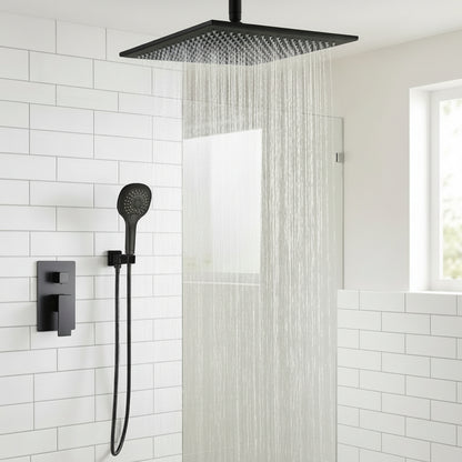 Lagomel wall-mounted complete shower system in matte black, set in a Contemporary/Modern bathroom