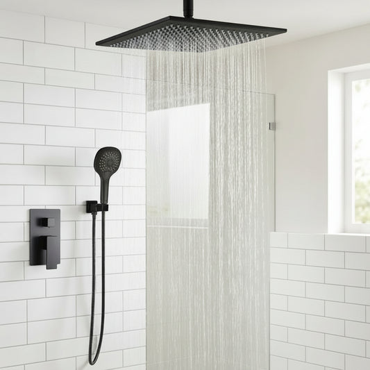 Lagomel wall-mounted complete shower system in matte black, set in a Contemporary/Modern bathroom