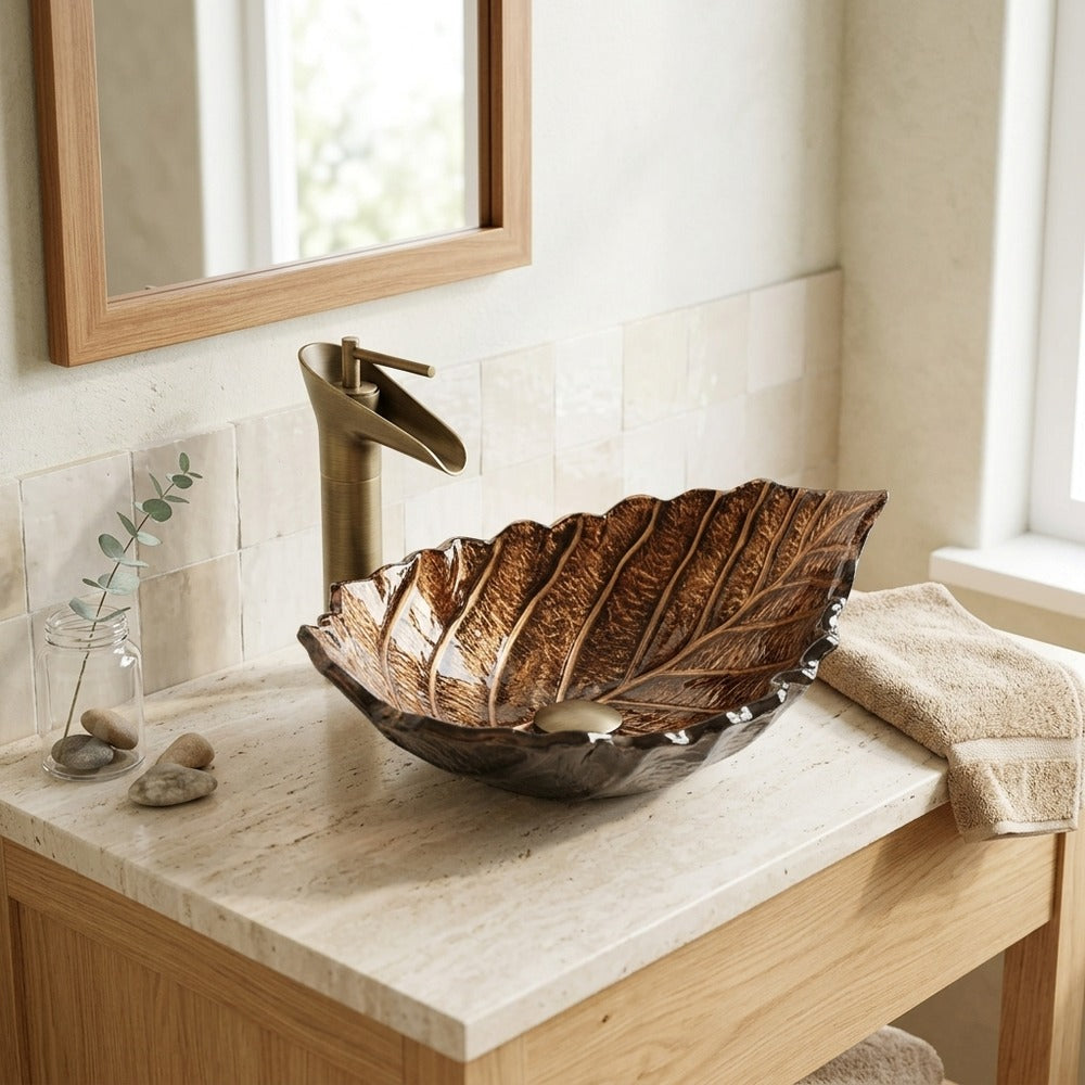 Lagomel waterfall single-handle faucet and sink set in antique brass, set in a Traditional/Classic/Vintage/Retro bathroom