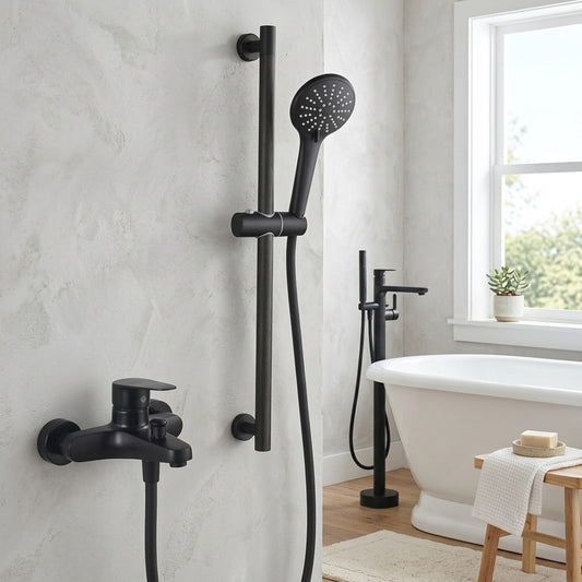Lagomel single-handle wall-mount tub filler in matte black, set in a Modern/Contemporary bathroom