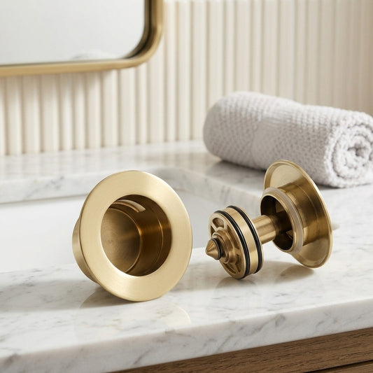 Lagomel bathroom sink drain in polished gold, set in a Contemporary bathroom