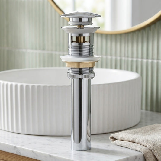 Lagomel bathroom sink drain in chrome, polished gold, rose gold, brushed gold, brushed bronze, oil-rubbed bronze,, set in a Contemporary bathroom