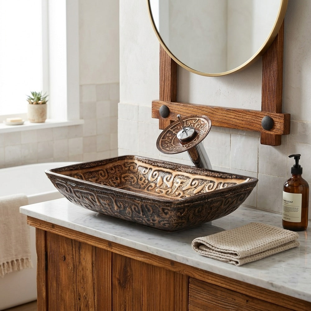 Lagomel single-hole waterfall faucet and sink set in antique brass, two-tone / mixed finish, set in a Vintage/Retro bathroom