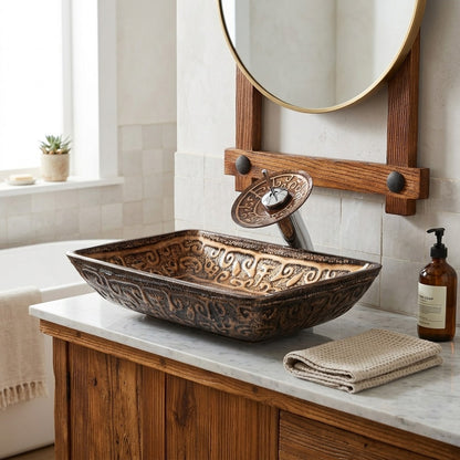 Lagomel single-hole waterfall faucet and sink set in antique brass, two-tone / mixed finish, set in a Vintage/Retro bathroom