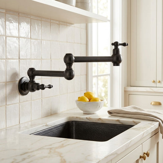 Lagomel wall-mounted double-handle pot filler in matte black, set in a Traditional/Classic bathroom