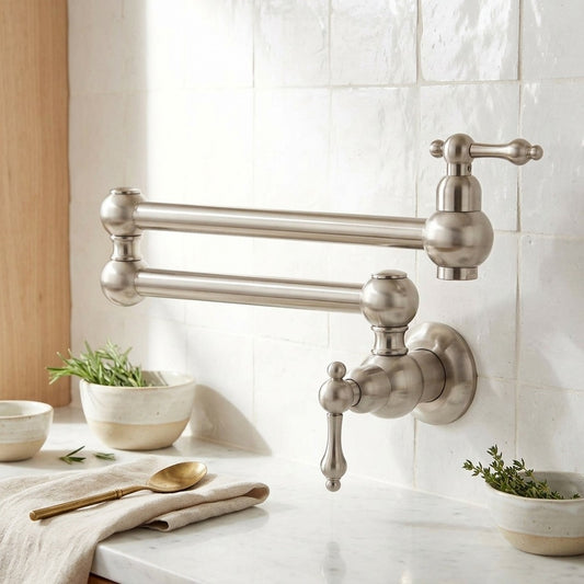 Lagomel wall-mounted pot filler in brushed nickel, set in a Modern/Minimalist bathroom