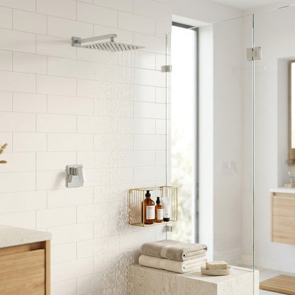 Lagomel wall-mounted single-handle complete shower system in chrome, set in a Modern/Contemporary bathroom
