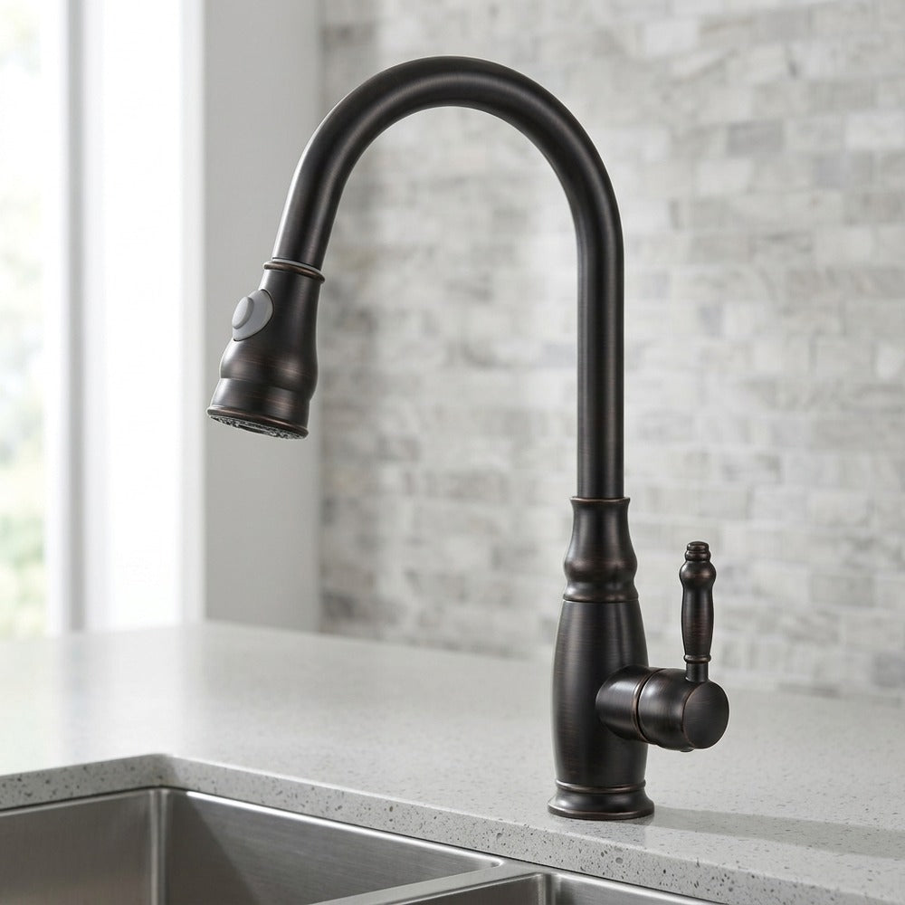 Oil-Rubbed Bronze Pull-Down Kitchen Faucet, Traditional Single-Handle Brass Faucet