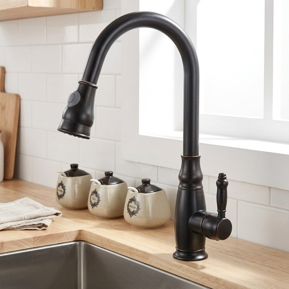 Lagomel single-handle pull-down kitchen faucet in oil-rubbed bronze, set in a Traditional/Classic kitchen
