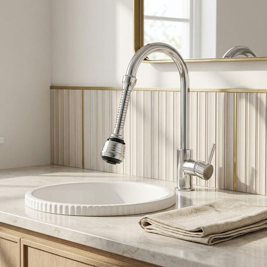 Lagomel faucet aerator in chrome, set in a Modern bathroom