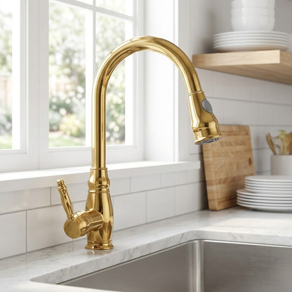 Lagomel single-hole pull-down kitchen faucet in polished gold, set in a Contemporary kitchen
