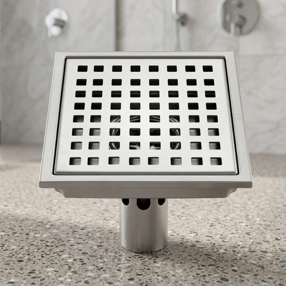 Lagomel square floor drain in stainless steel, set in a Modern/Contemporary bathroom