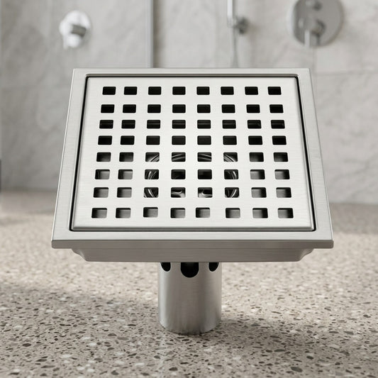 Lagomel square floor drain in stainless steel, set in a Modern/Contemporary bathroom