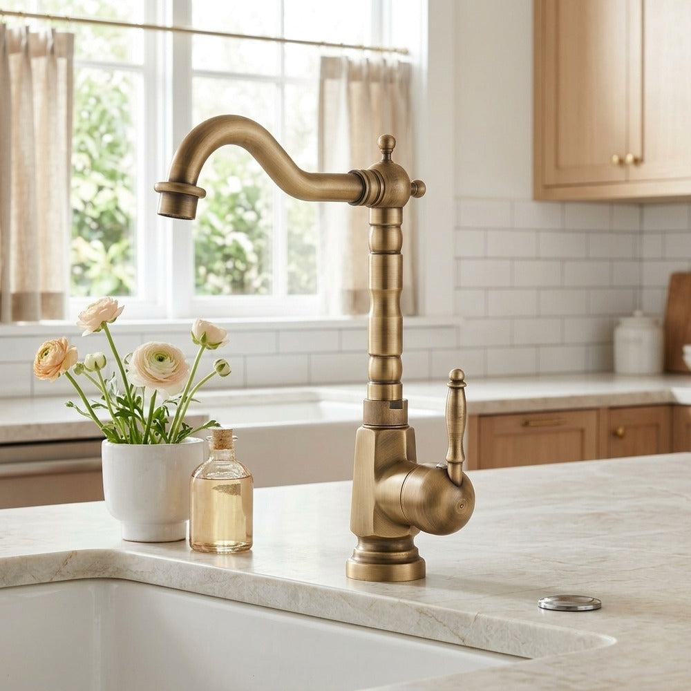 Lagomel single-handle kitchen faucet in antique brass, set in a Modern/Contemporary kitchen
