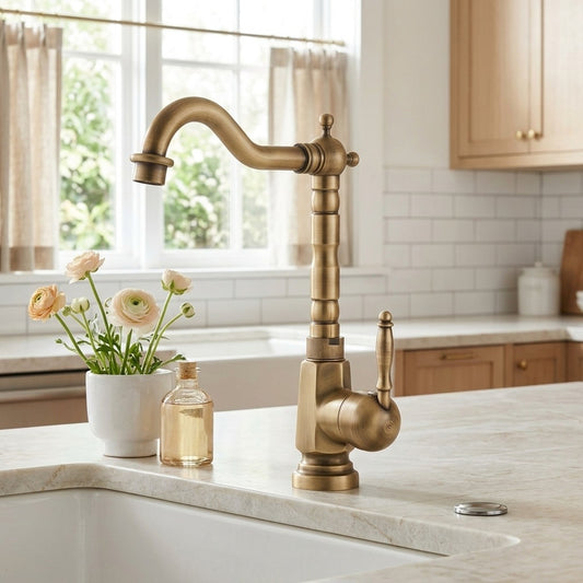 Lagomel single-handle kitchen faucet in antique brass, set in a Modern/Contemporary kitchen