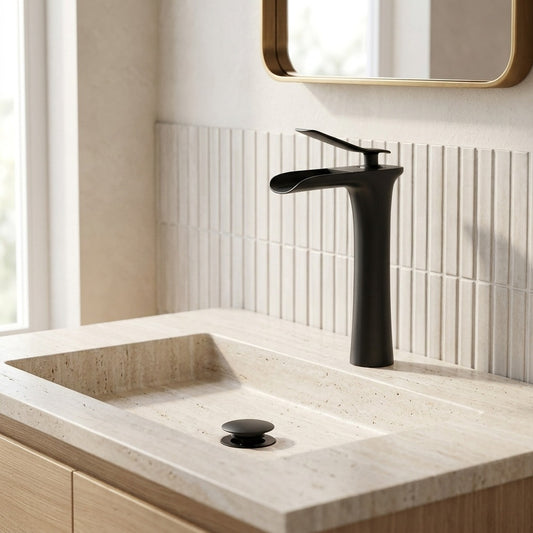 Lagomel single-hole waterfall vessel sink faucet in matte black, two-tone / mixed finish, polished gold, chrome,, set in a Modern/Contemporary bathroom