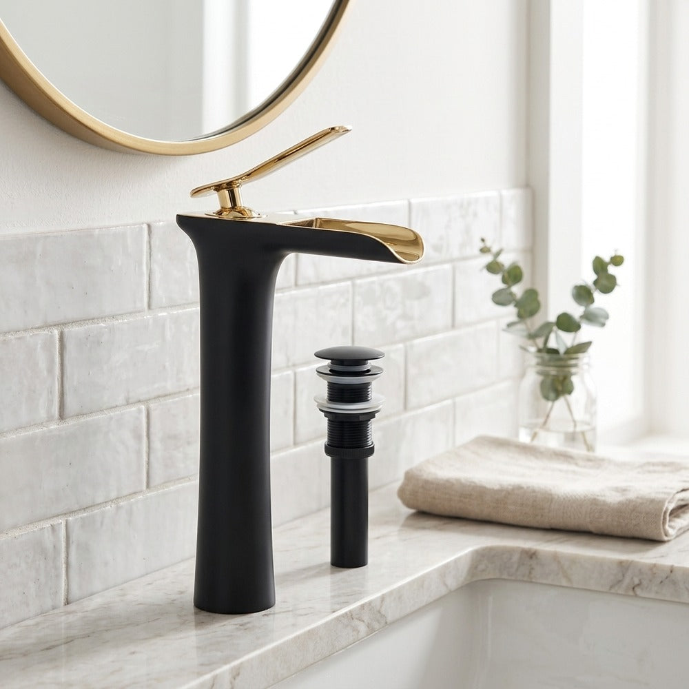 Lagomel single-hole waterfall vessel sink faucet, set in a Modern/Contemporary bathroom