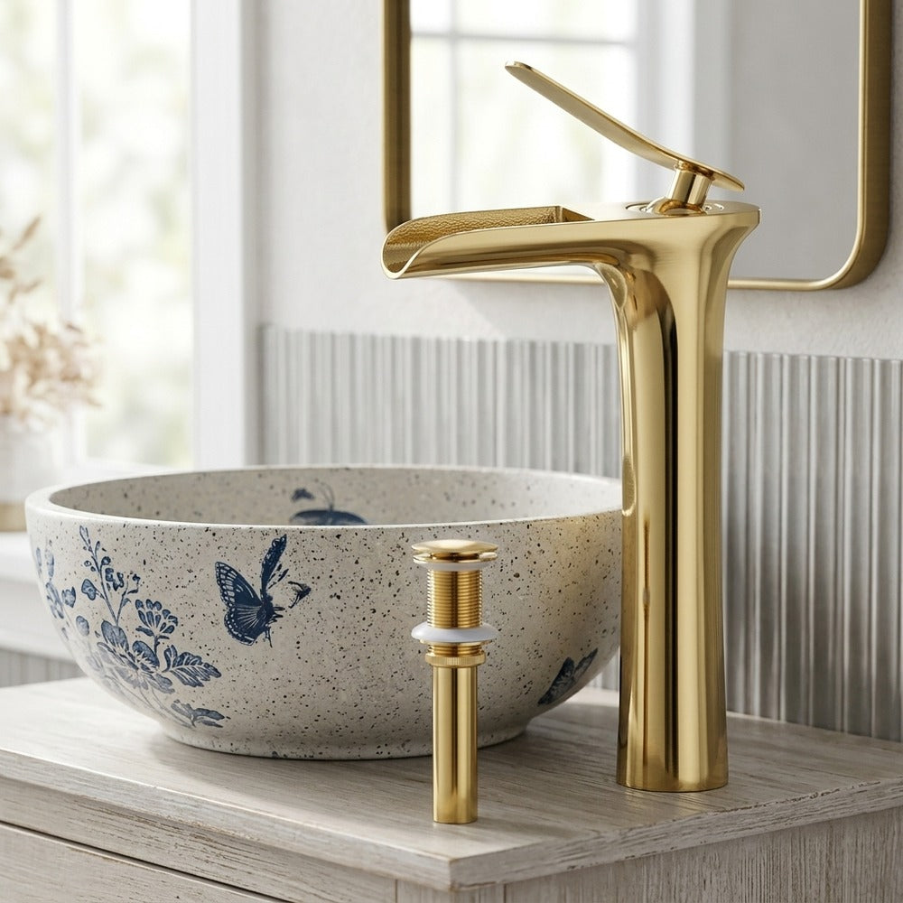 Lagomel single-hole waterfall vessel sink faucet, set in a Modern/Contemporary bathroom
