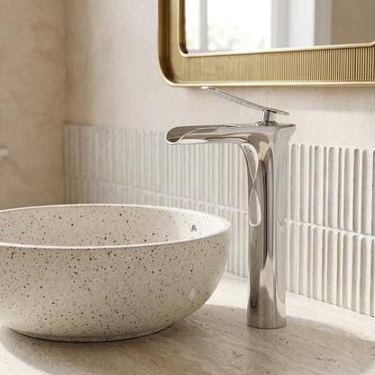 Lagomel single-hole waterfall vessel sink faucet, set in a Modern/Contemporary bathroom
