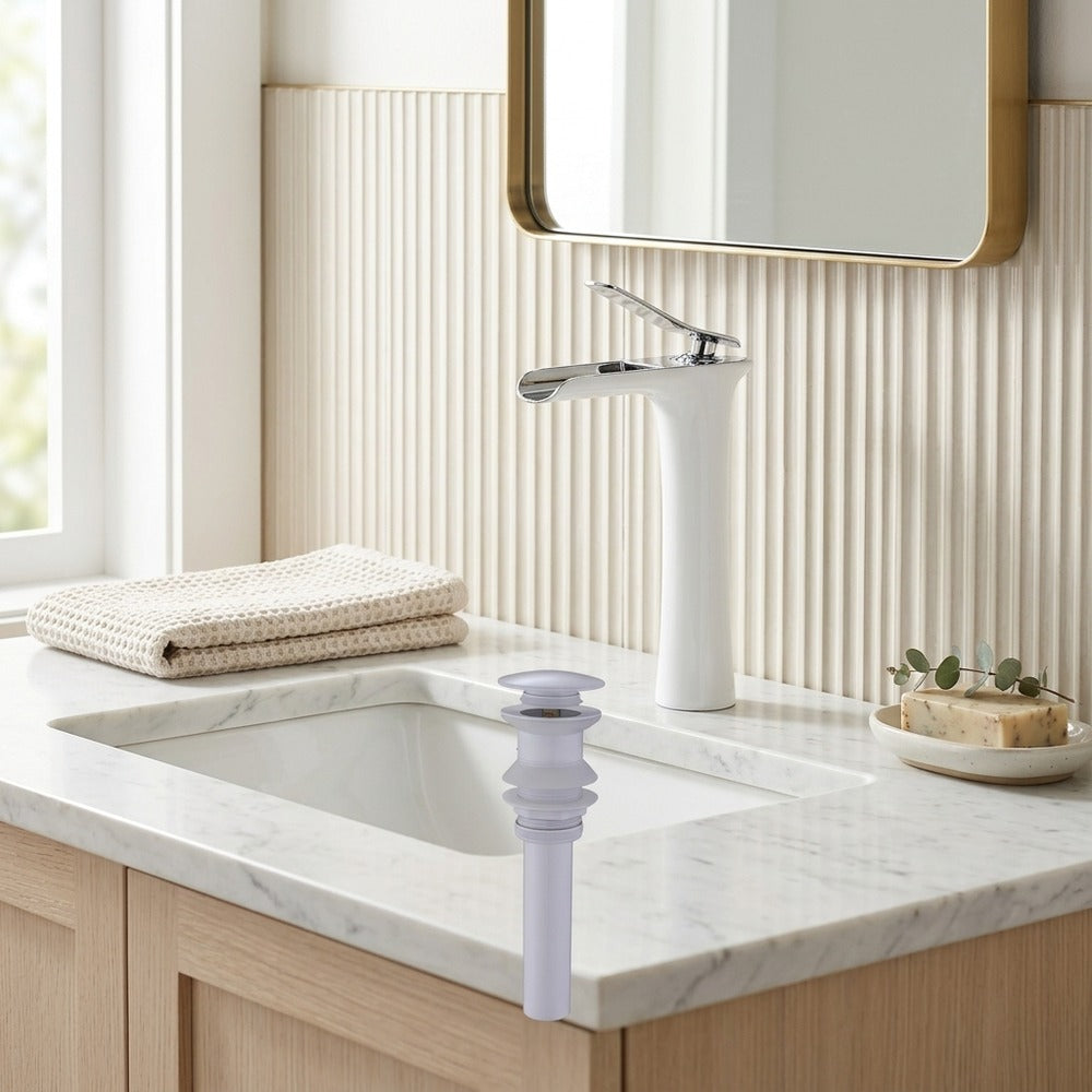 Lagomel single-hole waterfall vessel sink faucet, set in a Modern/Contemporary bathroom