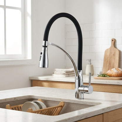 Lagomel single-handle pull-down kitchen faucet in chrome, matte black, two-tone / mixed finish, set in a Modern/Contemporary kitchen