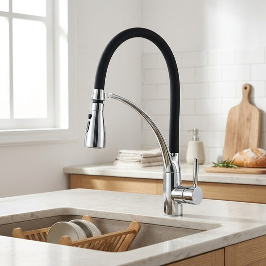 Lagomel single-handle pull-down kitchen faucet in chrome, matte black, two-tone / mixed finish, set in a Modern/Contemporary kitchen
