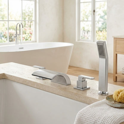 Lagomel waterfall deck-mount tub filler in chrome, set in a Modern/Contemporary bathroom