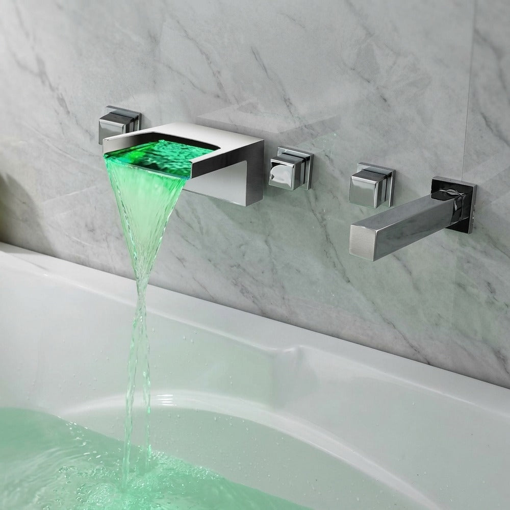 Chrome LED Waterfall Wall-Mount Tub Faucet, 3-Handle Brass Valve Bathtub Faucet with Handheld Shower