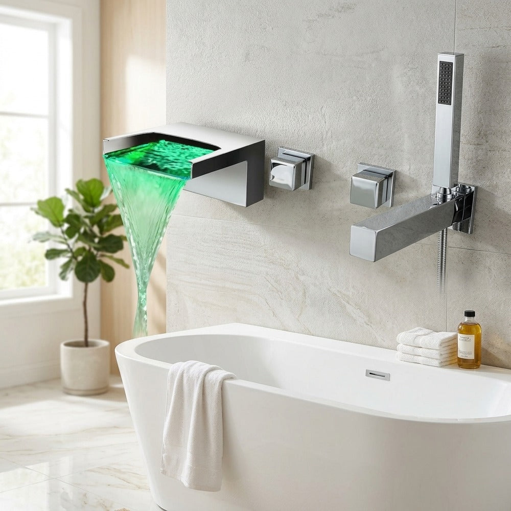 Lagomel waterfall wall-mount tub filler in chrome, set in a Contemporary bathroom