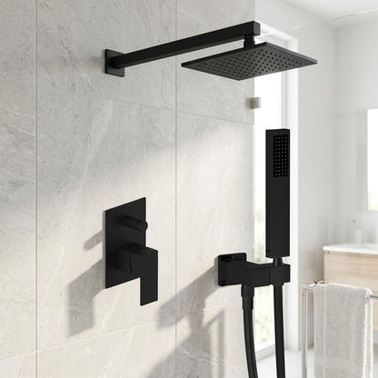 Lagomel wall-mounted single-handle complete shower system in matte black, set in a Contemporary/Modern bathroom