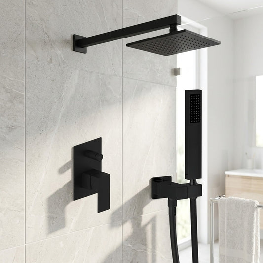 Lagomel wall-mounted single-handle complete shower system in matte black, set in a Contemporary/Modern bathroom
