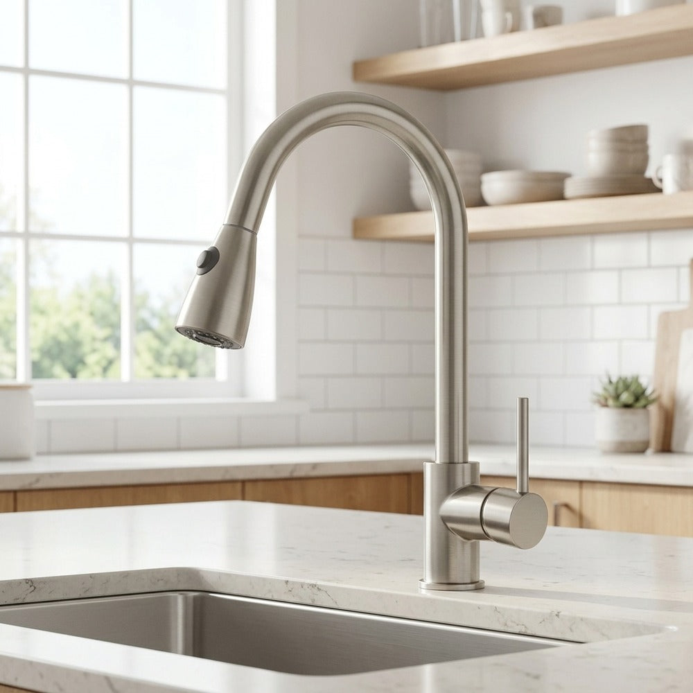 Lagomel single-handle pull-down kitchen faucet in brushed nickel, set in a Modern/Minimalist kitchen