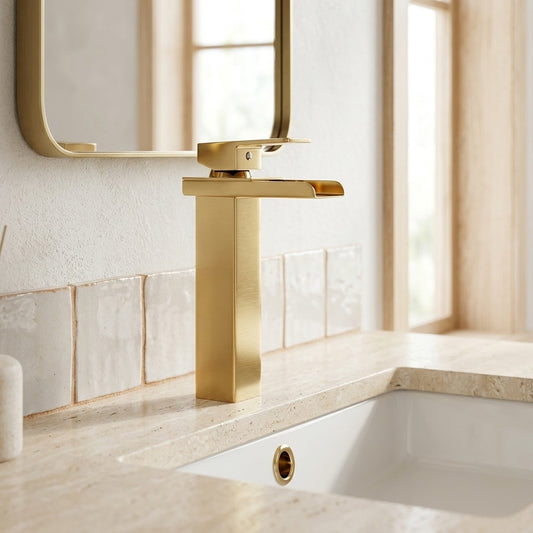 Lagomel single-hole waterfall vessel sink faucet in polished gold, set in a Modern/Contemporary bathroom