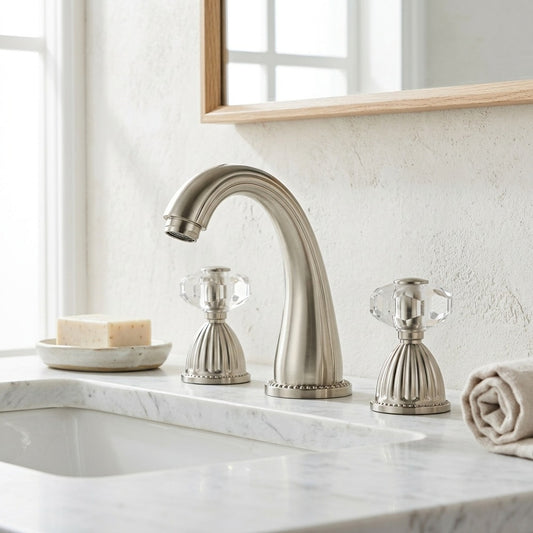 Lagomel widespread bathroom faucet in antique brass, brushed nickel, chrome, matte black, polished gold, rose gold, set in a Traditional/Classic/Art Deco/Modern bathroom