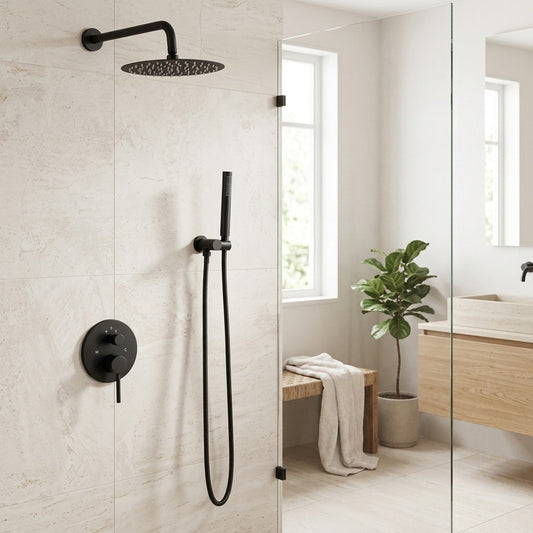 Lagomel wall-mounted single-handle complete shower system in matte black, set in a Contemporary/Modern bathroom