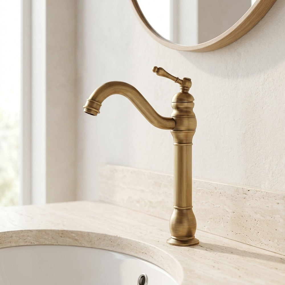 Lagomel single-hole vessel sink faucet and drain set in antique brass, set in a Traditional/Classic/Vintage/Retro bathroom