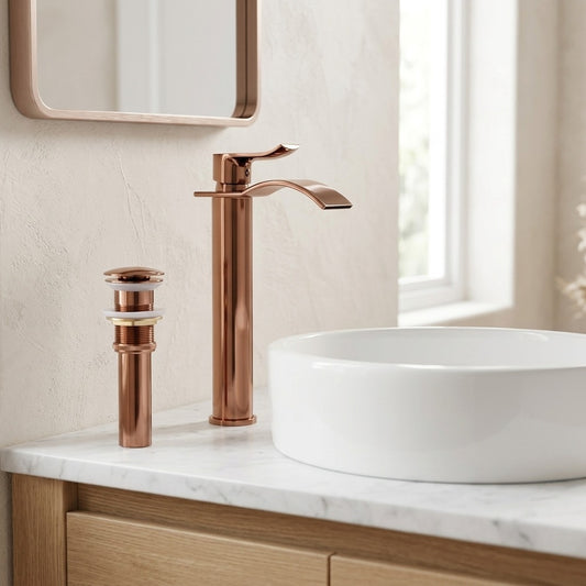 Lagomel single-hole vessel sink faucet and drain set in rose gold, brushed nickel, matte black, chrome, set in a Contemporary bathroom
