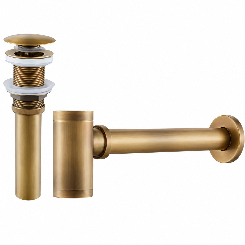 Contemporary Brass Pop-Up Sink Drain with Overflow, Wall-Mounted Bottle P-Trap Waste Assembly, Antique Brass / Chrome / Matte Black / Brushed Brass / Polished Gold