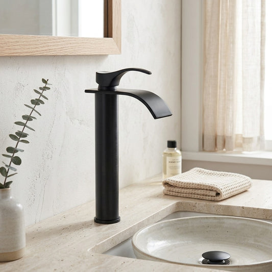 Lagomel single-hole vessel sink faucet and drain set in oil-rubbed bronze, rose gold, brushed nickel, set in a Contemporary bathroom