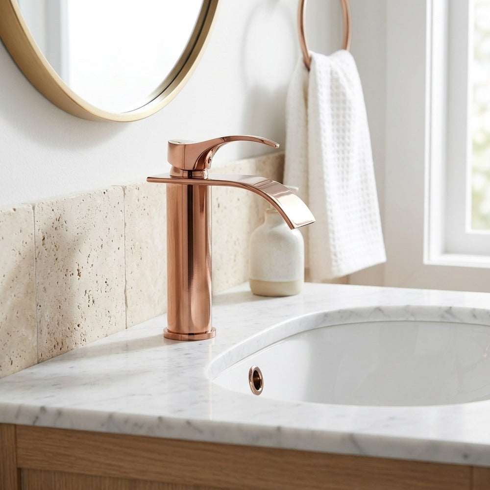 Lagomel single-hole waterfall faucet and drain set in rose gold, set in a Contemporary bathroom