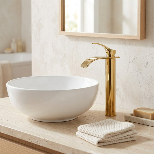 Lagomel single-hole vessel sink faucet and drain set in polished gold, set in a Modern/Vintage/Retro bathroom
