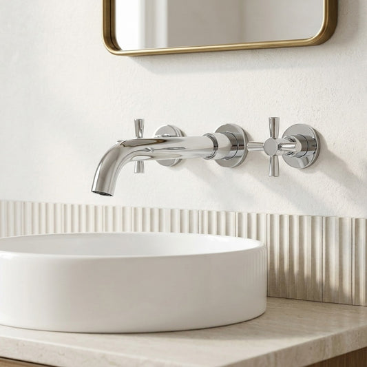 Lagomel wall-mount bathroom faucet in chrome, set in a Contemporary bathroom