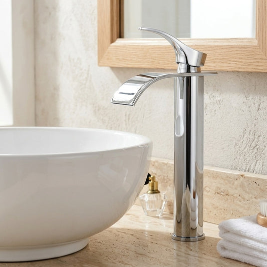 Lagomel waterfall single-handle vessel sink faucet in chrome, matte black, rose gold, set in a Modern/Contemporary bathroom