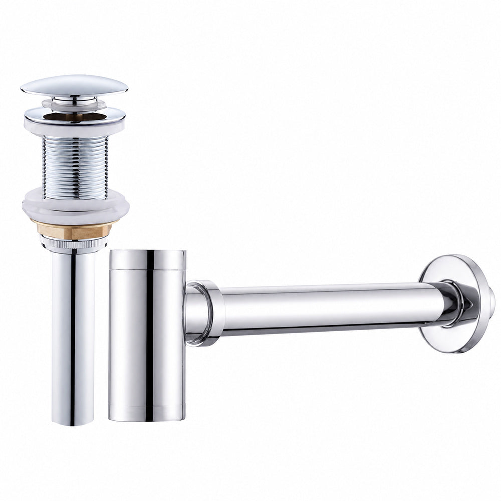 Contemporary Brass Pop-Up Sink Drain with Overflow, Wall-Mounted Bottle P-Trap Waste Assembly, Antique Brass / Chrome / Matte Black / Brushed Brass / Polished Gold