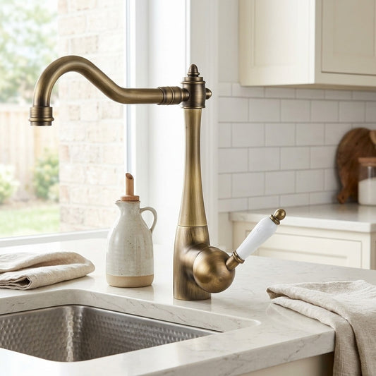 Lagomel single-handle kitchen faucet in antique brass, set in a Modern/Contemporary kitchen