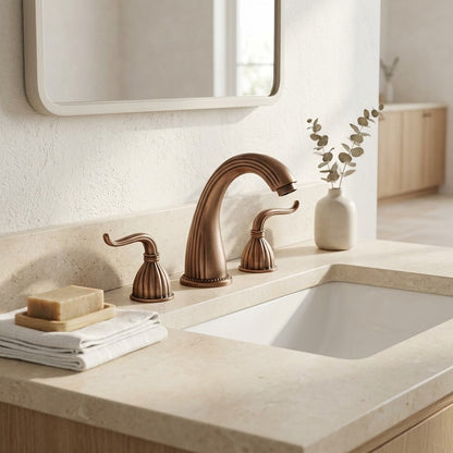 Lagomel double-handle widespread bathroom faucet in copper, set in a Traditional/Classic bathroom