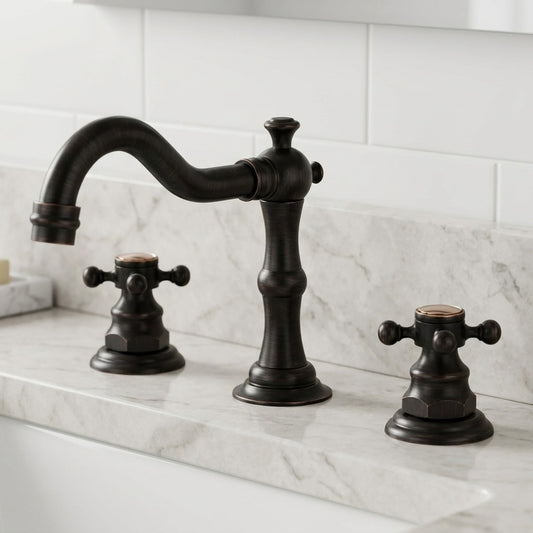 Lagomel widespread bathroom faucet in antique brass, chrome, oil-rubbed bronze, set in a Traditional/Classic/Contemporary bathroom
