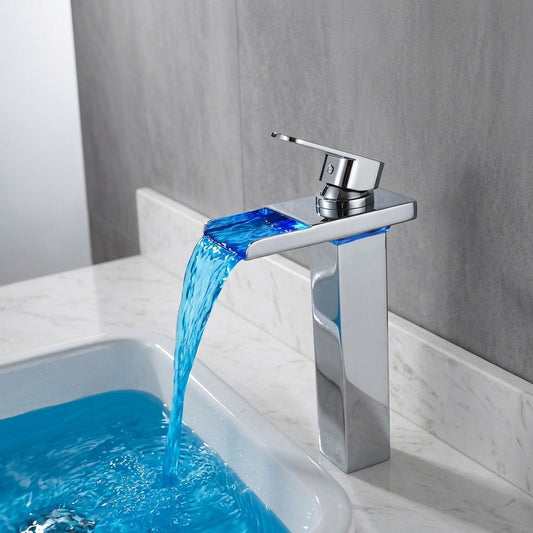 Lagomel waterfall single-handle vessel sink faucet in chrome, matte black, pvd, rose gold, brushed nickel, matte, set in a Contemporary/Modern bathroom