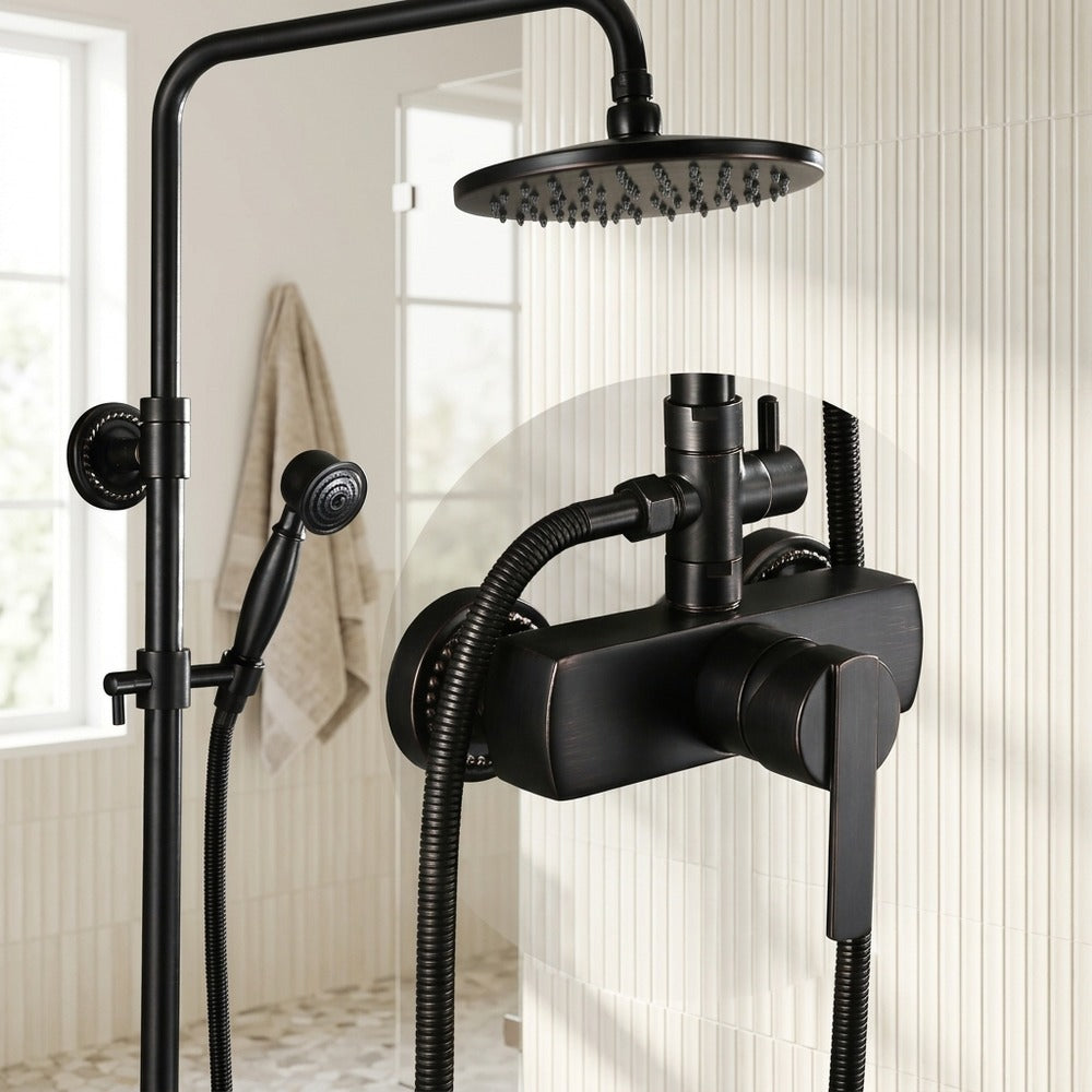 Lagomel wall-mounted tub and shower system in oil-rubbed bronze, set in a Traditional/Classic bathroom